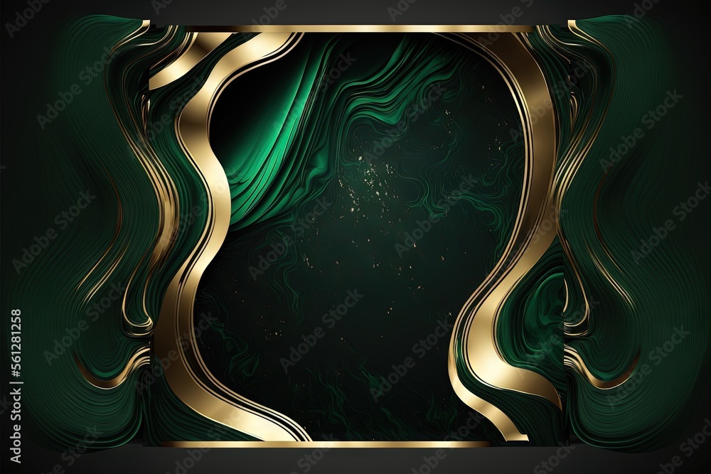 Poster a green and gold background with a gold frame and a green curtain with a gold stripe on the bottom o
