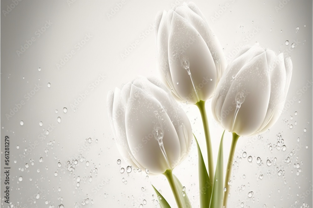 Poster a bunch of white flowers with water droplets on them on a gray background with a white background an