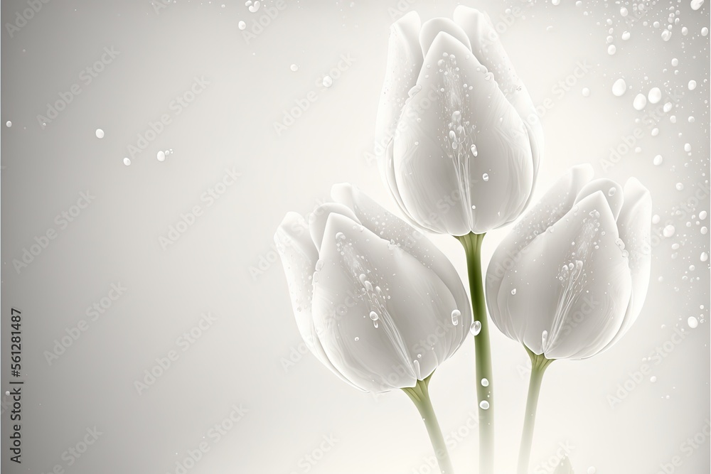 Poster three white flowers with water droplets on them on a white background with a white background and a 