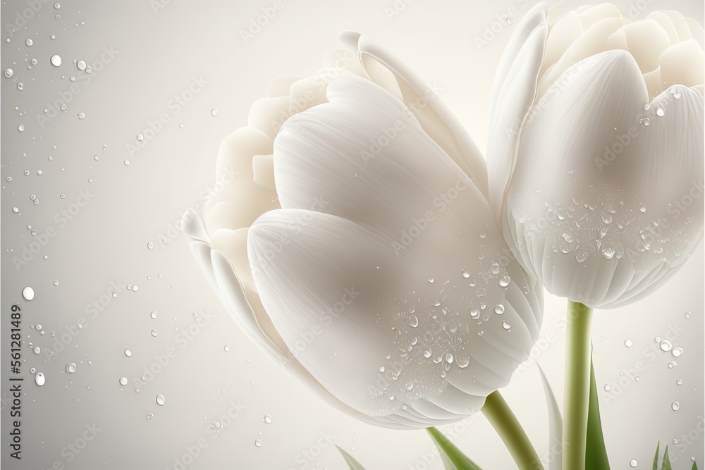 Poster a couple of white flowers with water droplets on them and a green stem in the foreground with a ligh