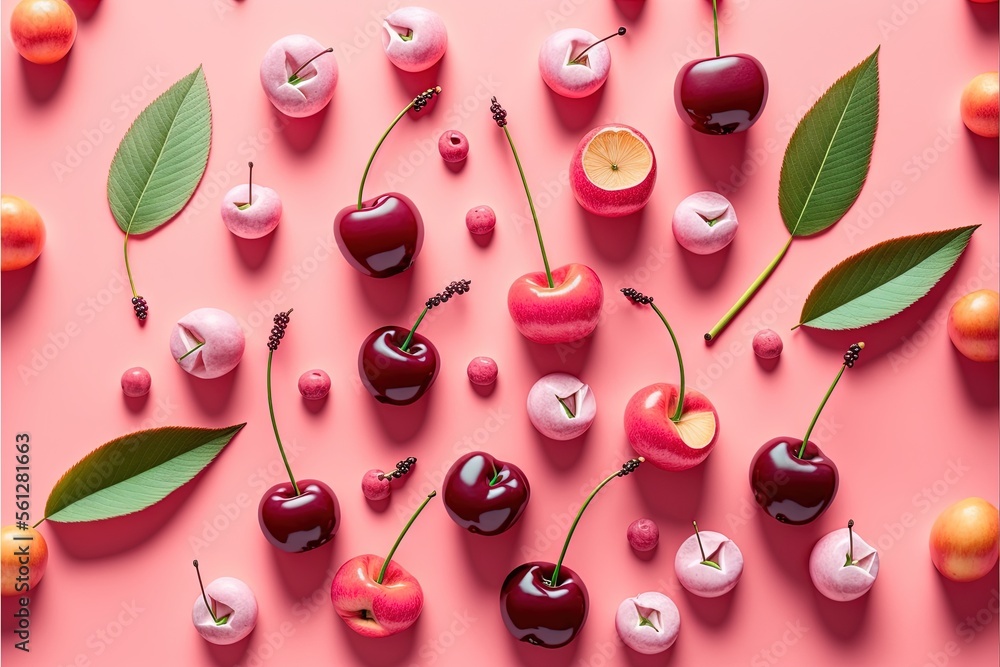 Poster a pink background with cherries and leaves on it and a candle in the middle of the photo with a cand