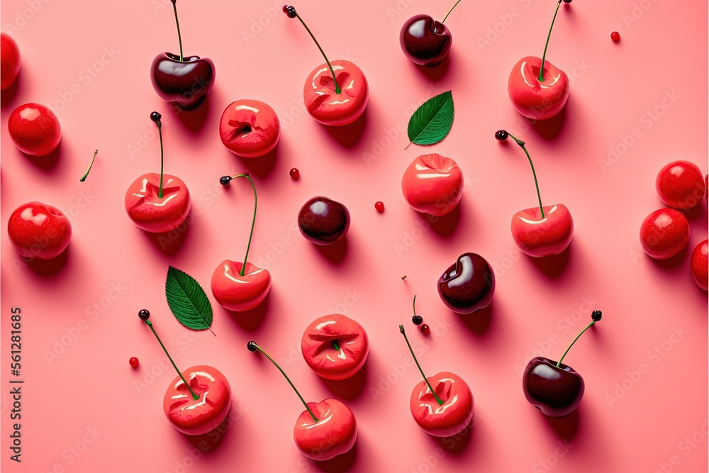 Poster a group of cherries with leaves on a pink background with a pink background and a pink background wi