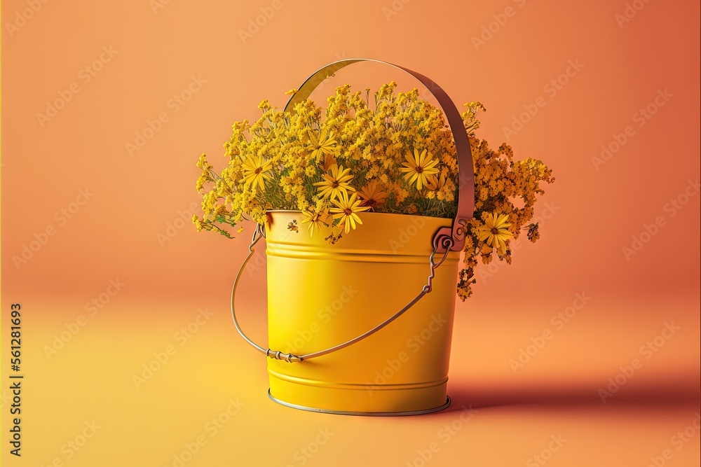 Poster a yellow bucket with yellow flowers in it on a pink background with a yellow border around it and a 
