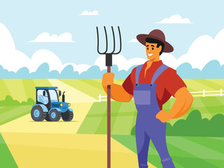 Agricultural work. Farmer on a field background with tractor. Vector illustration