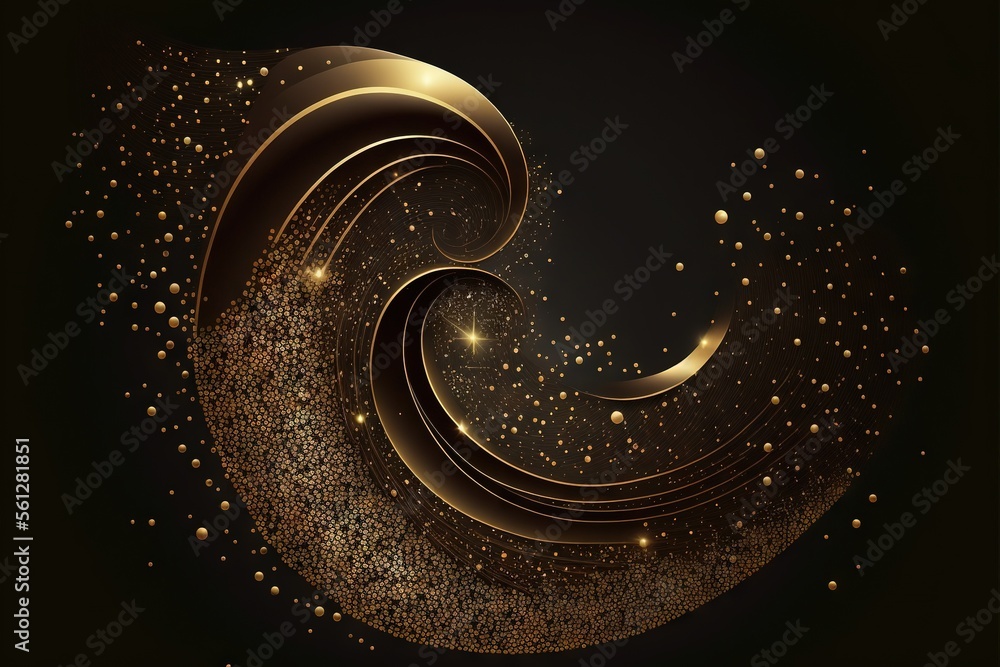 Poster a golden swirl with stars on a black background with a black background and a gold swirl with stars 