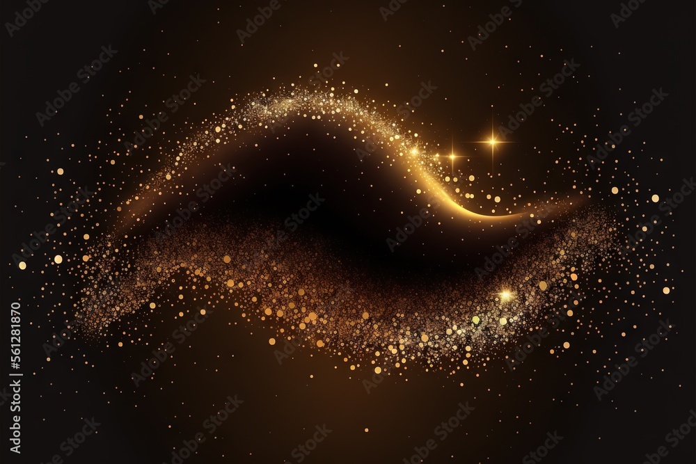 Poster a golden swirl with stars on a black background with a space for text or image in the center of the 
