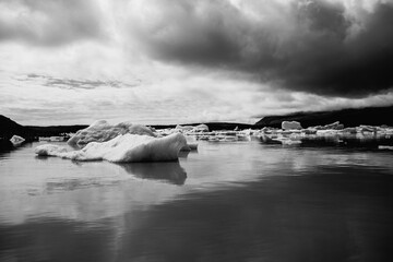 Many icebergs and ice floes in the glacial lagoon Fjallsárlón in iceland, which has broken away from the glacier tongue Fjallsjökull. With a view of Hvannadalshnúkur in the background.