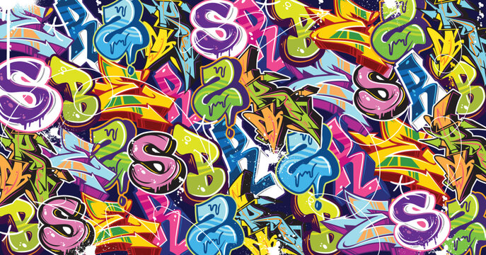 Colorful Graffiti Wall Art Background Street Art Hip-Hop Urban Vector Illustration Background. Seamless amazing graffiti art background