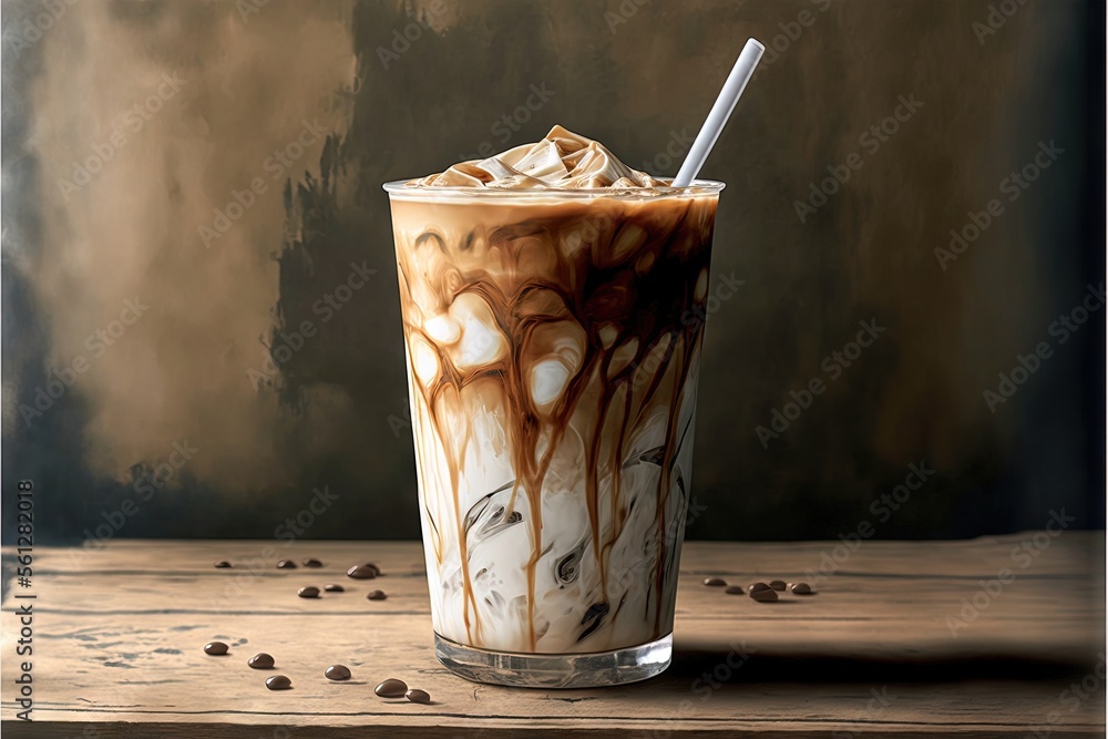 Aufkleber a glass of coffee with a spoon in it on a table with coffee beans scattered around it and a brown ba