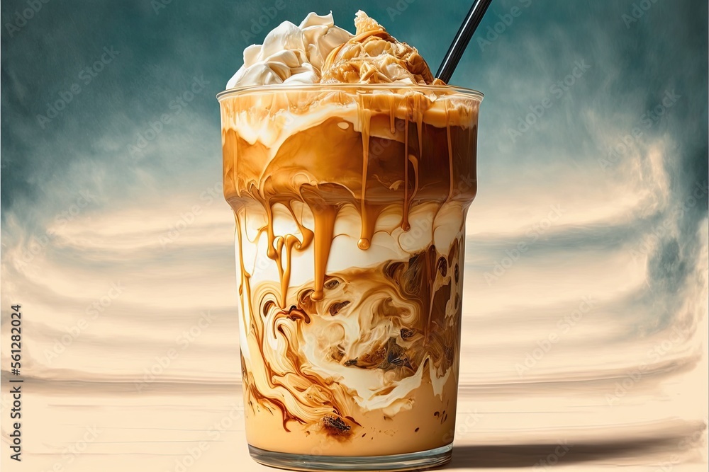 Poster a glass of ice cream with a spoon in it and a liquid pouring out of it on a table with a blue backgr