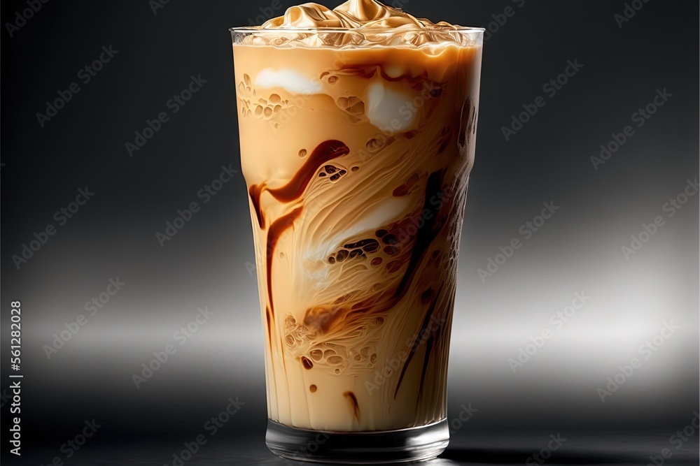Poster a tall glass of liquid with a swirl in it's center and a spoon in it's mouth, on a dark background w