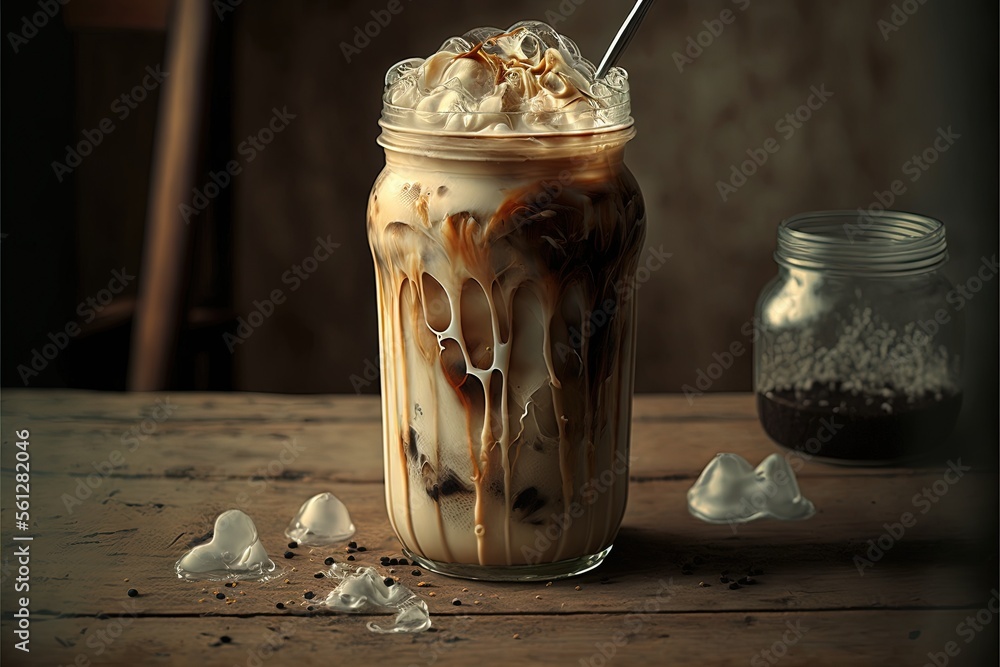 Poster a glass of iced coffee with a spoon in it on a table with ice and a jar of chocolate milkshake in th