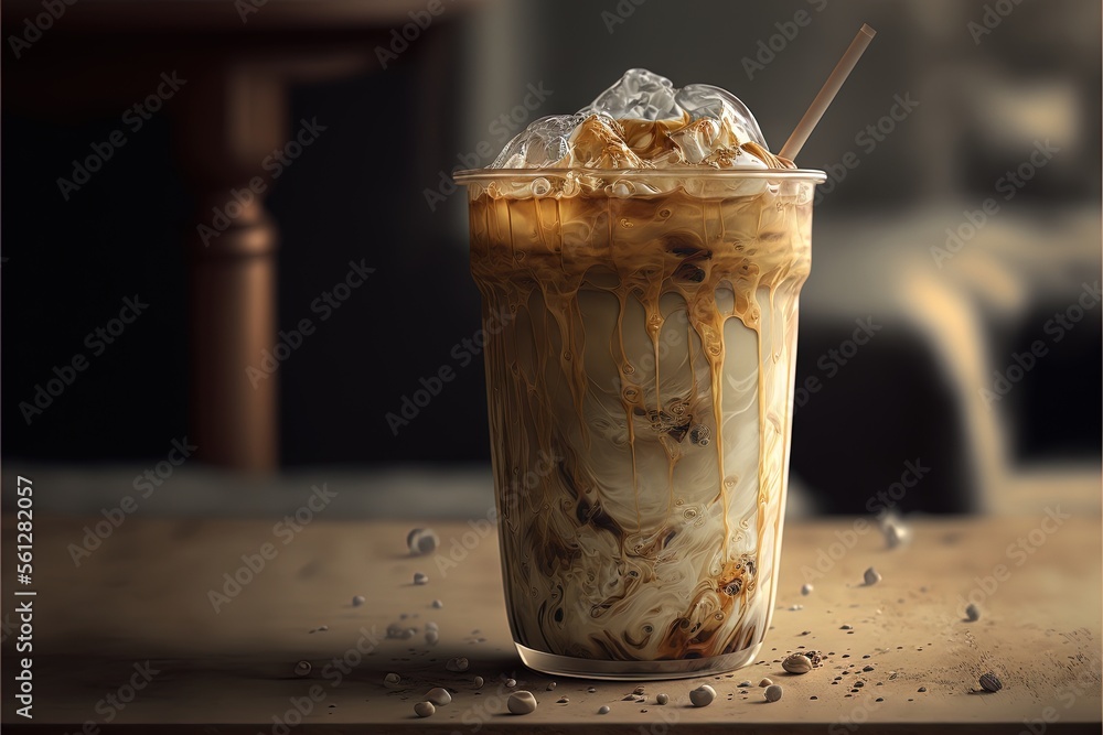 Poster a glass of iced coffee with a straw in it on a table with a chair in the background and a table with