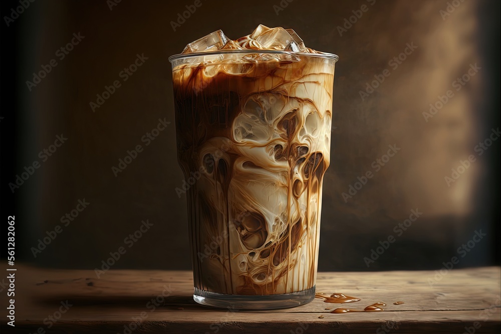 Poster a glass of iced coffee with a swirly topping on top of it on a table with a brown background and a w