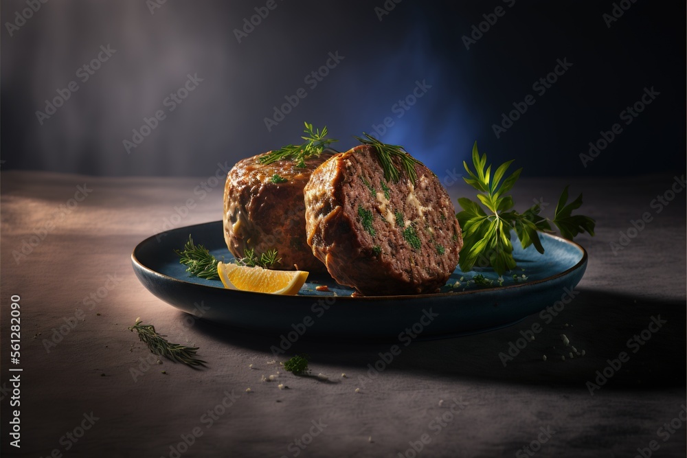 Poster  a plate with some meat and a lemon on it with a dark background and a blue plate with some meat and lemon on it with a blue plate with a green leafy edge and., generative ai