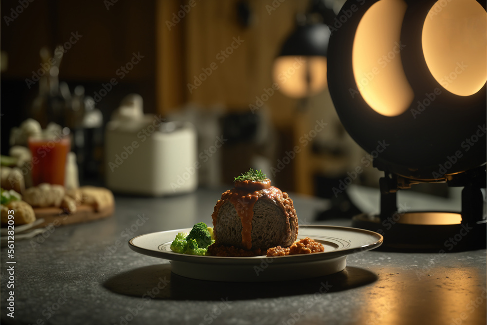 Poster  a plate of food on a counter with a camera in the background and a light on the table behind it that is on a table with a plate of food and a light on it., generative ai