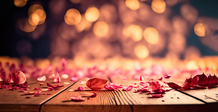 Table wood top with Rose petals on blur bokeh background. Rose petals on wooden background. For display or montage you products	