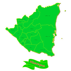 Vector map of  Nicaragua with subregions in green country name in red