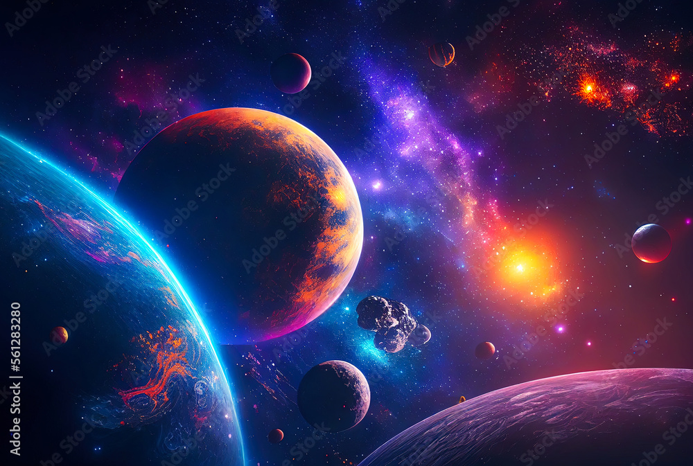 Canvas Prints abstract space landscape with planets and flashes of stars and comets in blue and red colors