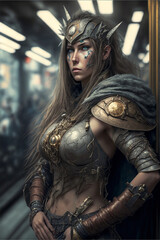 portrait of a blonde femal warrior with an ancient armor in present. Generative AI