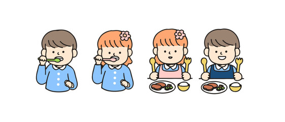 Little kid brushing a teeth and eating. Cute cartoon characters, Back to school concept