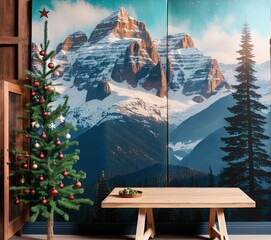 wooden table christmas tree with framed snowy view picture