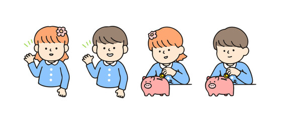 Little kid greeting  and saving money. Cute cartoon characters, Back to school concept