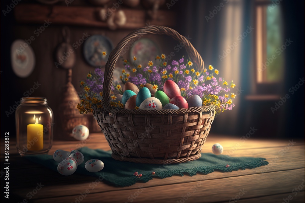 Aufkleber a basket of eggs sitting on a table next to a candle and flowers in a vase with a clock in the backg