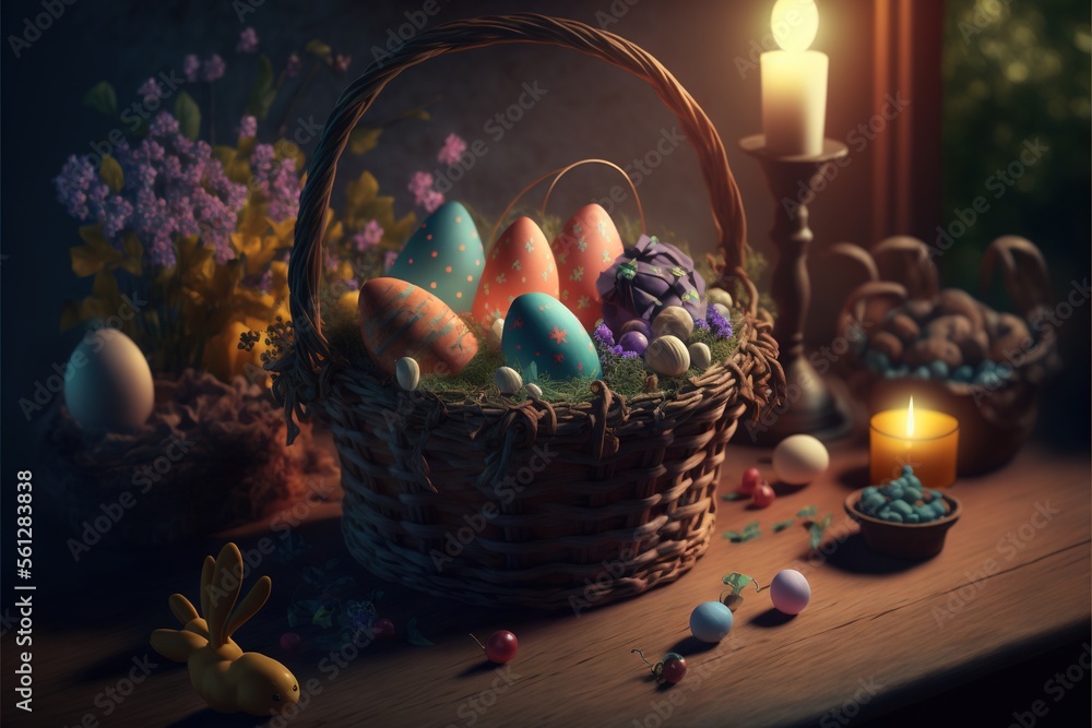 Poster a basket of eggs sitting on a table next to a candle and some candies on the table next to it are ca