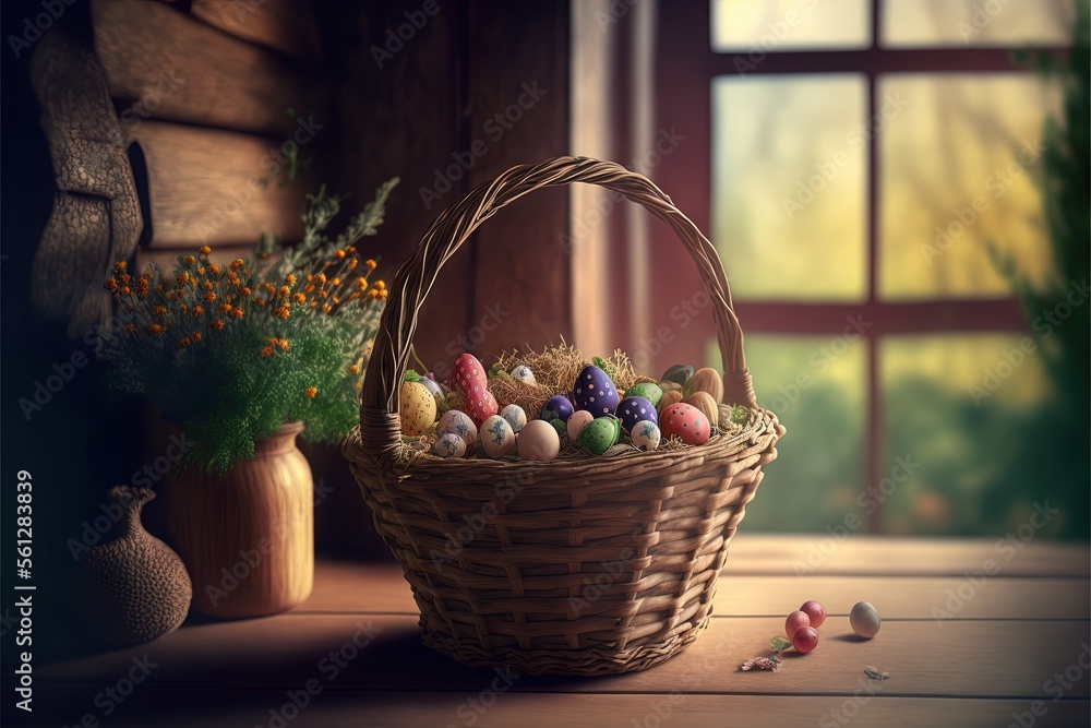 Poster a basket of eggs sitting on a table next to a vase of flowers and a window sill with a window in the