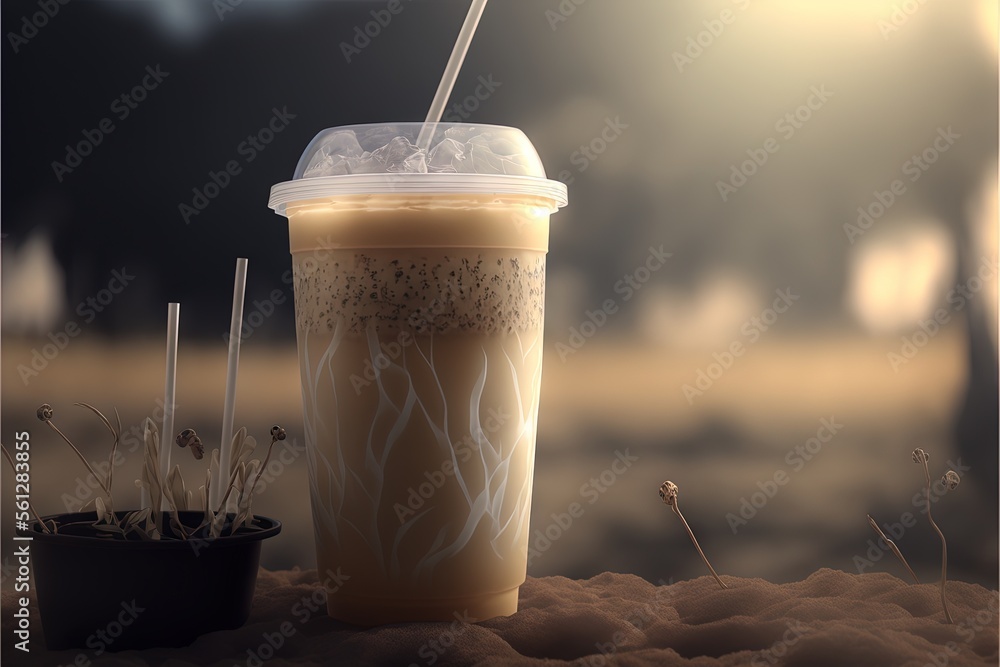 Poster a cup of coffee with a straw and a cup of ice on a table with a plant in it and a cup of straws in t