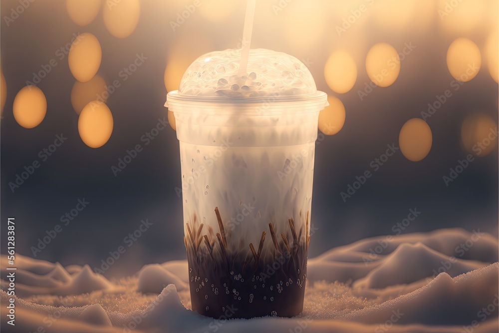 Poster a cold drink with a straw in it on a blanket of snow with lights in the background and a blurry imag