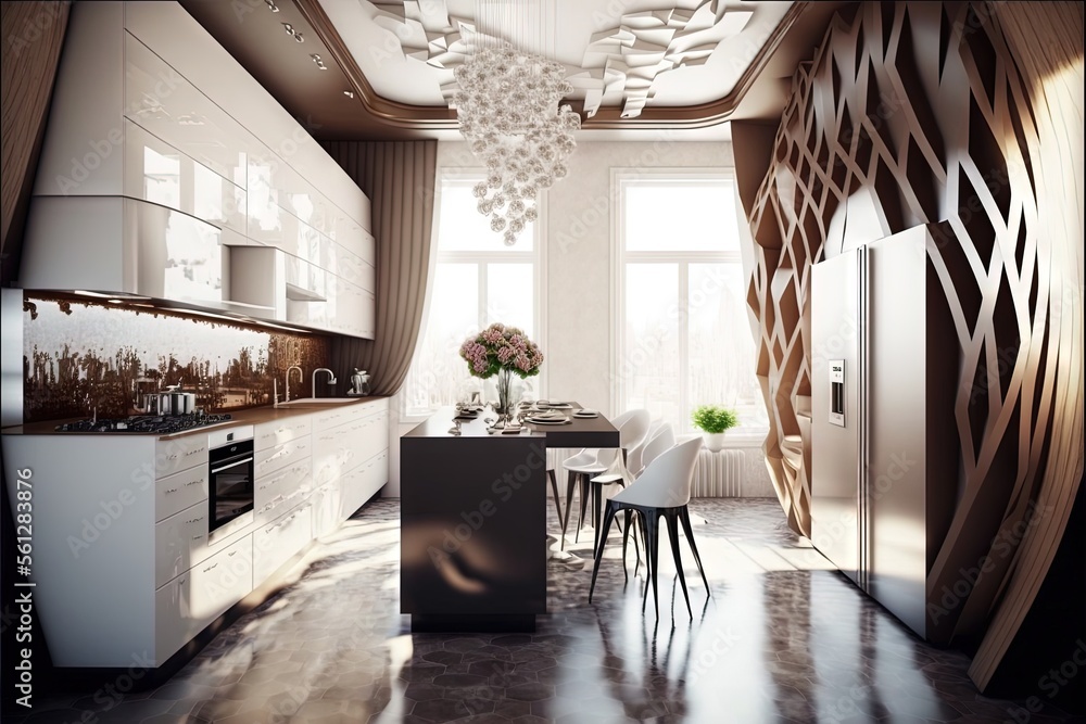 Poster a modern kitchen with a dining table and chairs in it and a chandelier hanging from the ceiling abov