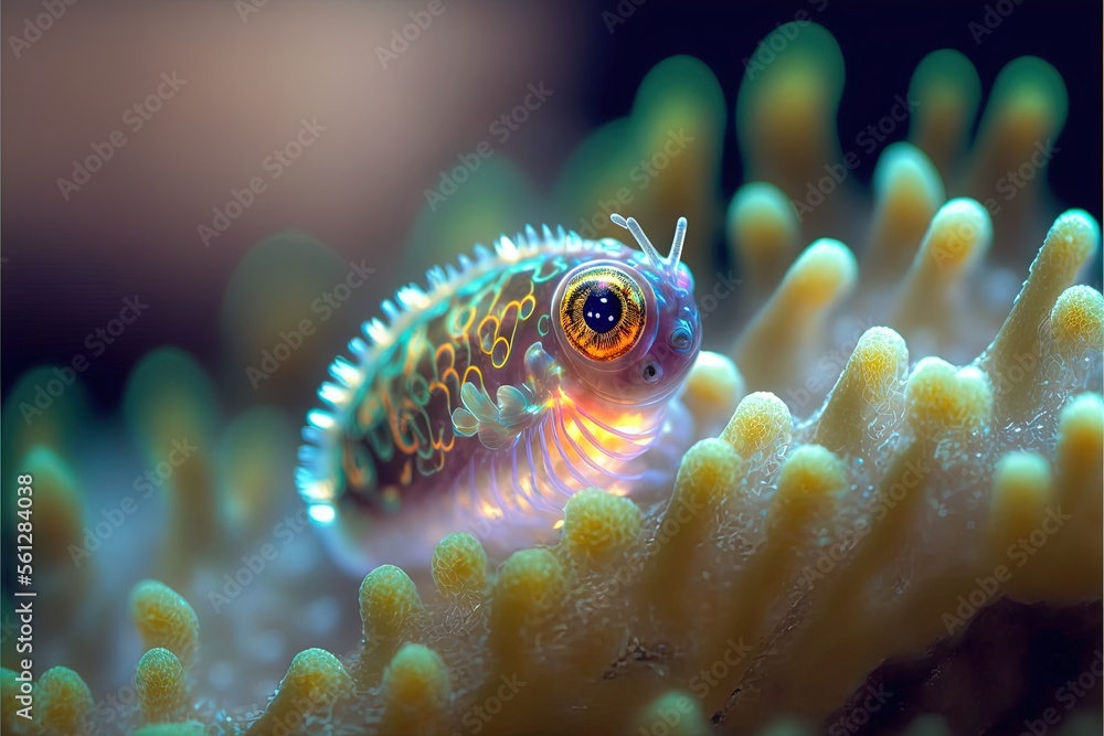 Poster a close up of a fish on a coral with other corals in the background and a blurry background behind i