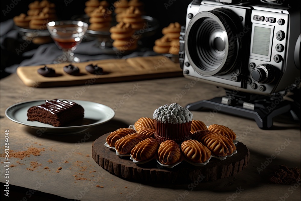 Poster a camera and some desserts on a table with a plate of cookies and a plate of cookies on a plate with