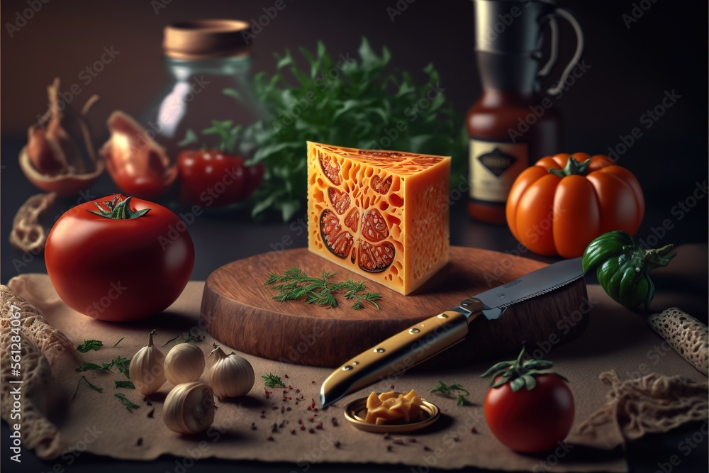 Poster a knife and some tomatoes on a table with a knife and some garlic and tomatoes on a table with a kni