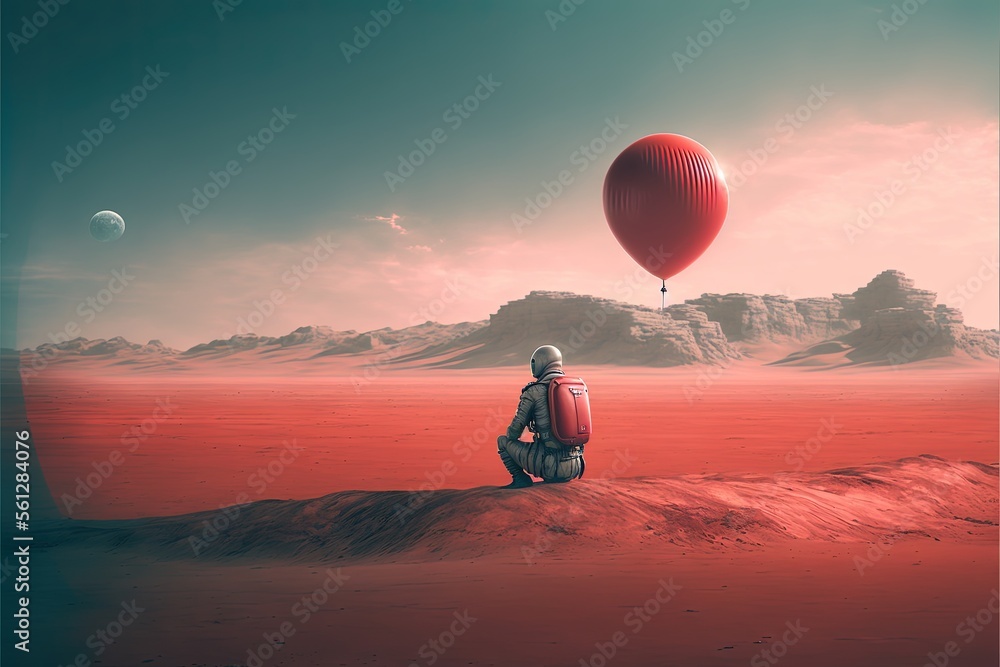 Poster a man sitting on a red surface with a balloon in the sky above him and a planet in the background wi