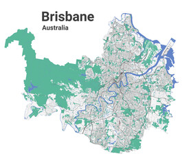 Detailed map of Brisbane city. Royalty free vector illustration.