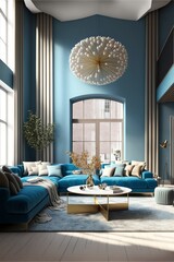 Maqueta interior de casa con sof&aacute; azul, mesa de m&aacute;rmol y decoraci&oacute;n de pared azul tiffany en la sala de estar