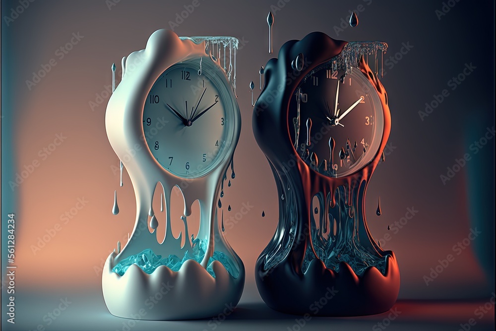 Poster a couple of clocks sitting next to each other on a table top with water dripping from them and a clo