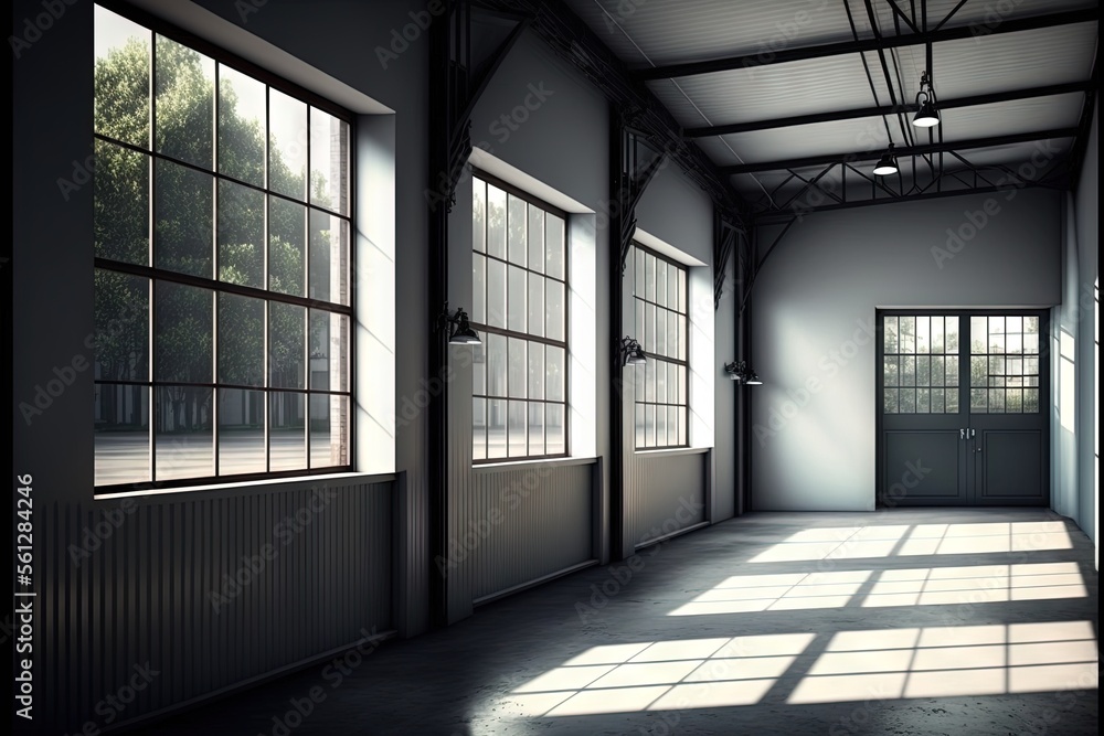 Poster a room with a door and windows in it and a light coming through the windows on the wall and floor an