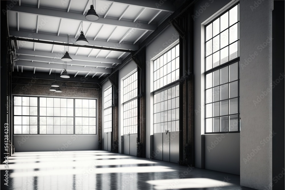 Poster a large room with a lot of windows and a ceiling fan in it's center of the room is a long hallway wi