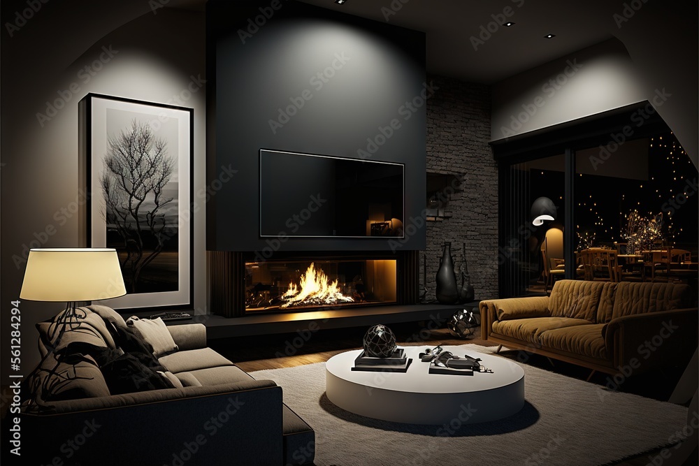 Poster a living room with a fire place and a couch and a chair in it and a table with a lamp on it and a la