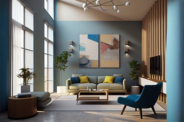 Makieta wnętrza domu z niebieską sofą, marmurowym stołem i dekoracją ścienną w kolorze tiffany blue w salonie - obrazy, fototapety, plakaty