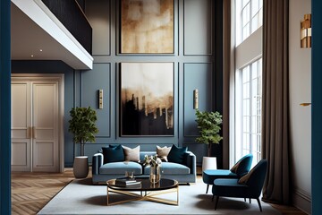 Fototapeta Makieta wnętrza domu z niebieską sofą, marmurowym stołem i dekoracją ścienną w kolorze tiffany blue w salonie obraz