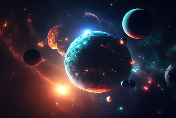 illustration on the theme of life in space with super bright colors and planets and stars