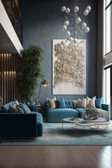Makieta wnętrza domu z niebieską sofą, marmurowym stołem i dekoracją ścienną w kolorze tiffany blue w salonie - obrazy, fototapety, plakaty