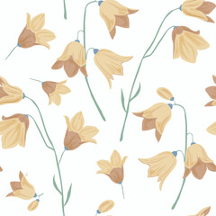 Yellow vector seamless botanical floral pattern. Floral background with bluebells and leaves with branches. Handmade packaging, wallpaper and fabric design.