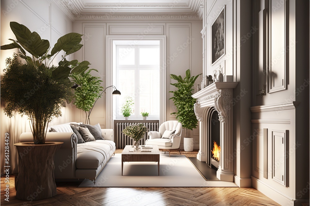 Poster  a living room with a fireplace and a couch and a chair and a table with a plant in it and a window with a view of a balcony and a fireplace in the background with a., generative ai