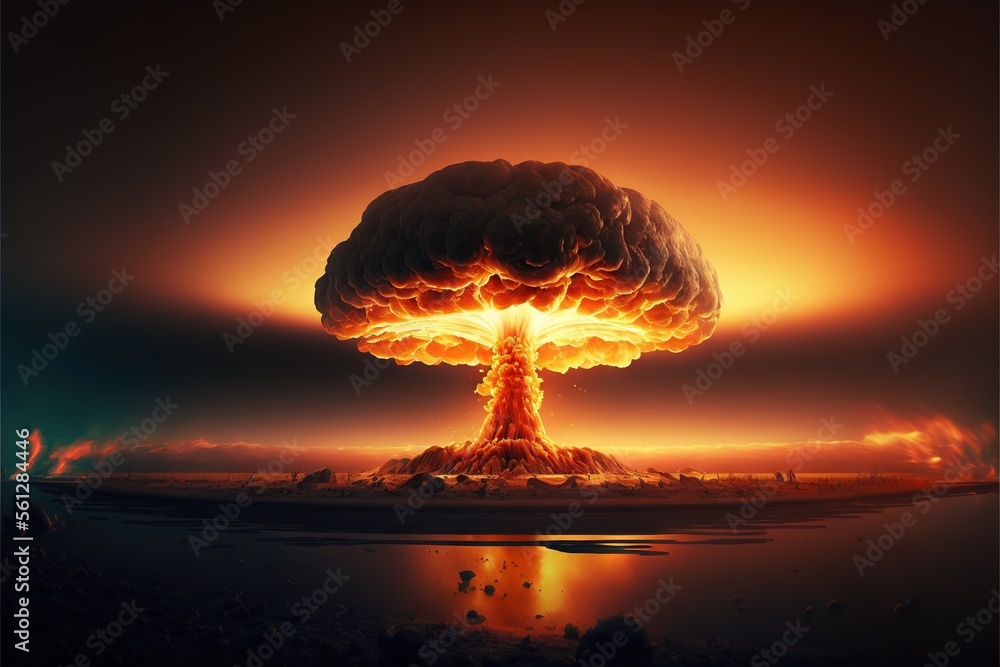 Poster a large mushroom like structure with a lot of smoke coming out of it's top and bottom of it's sides,